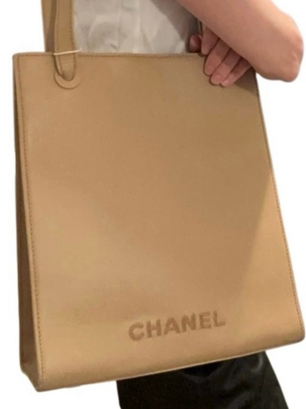 Authentic CHANEL Beige Leather Tote Shoulder Bag